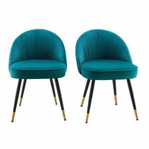 Miyae Set Of 2 Pleated Teal Velvet Upholstered Dining Chairs Dining