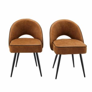 Oakley Set Of 2 Cognac Vegan Leather Upholstered Dining Chairs With Piping Boucle Dining Chairs