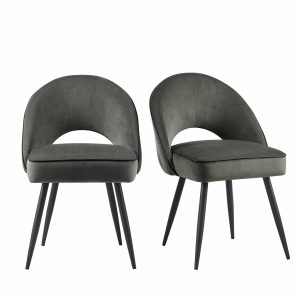 Oakley Set Of 2 Dark Gray Velvet Upholstered Dining Chairs With Piping Boucle Dining Chairs