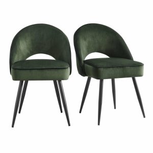 Oakley Set Of 2 Dark Green Velvet Upholstered Dining Chairs With Contrast Piping Boucle Dining Chairs