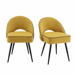 Oakley Set Of 2 Mustard Yellow Velvet Upholstered Dining Chairs With Piping Boucle Dining Chairs