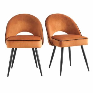 Oakley Set Of 2 Orange Velvet Upholstered Dining Chairs With Contrast Piping Dining