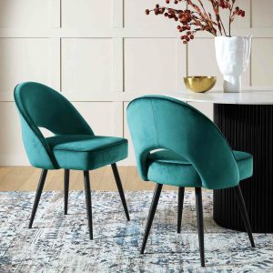 Oakley Set Of 2 Teal Velvet Upholstered Dining Chairs With Contrast Piping Dining