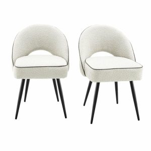 Oakley Set Of 2 White Boucle Upholstered Dining Chairs With Piping Boucle Dining Chairs