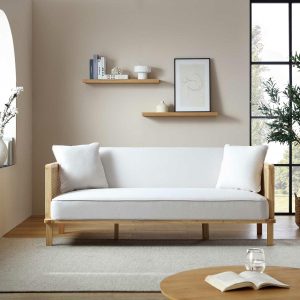 Pienza Solid Wood And Cane Sofa Bed, Beige Woven Fabric With Natural Frame Sofas & Chairs