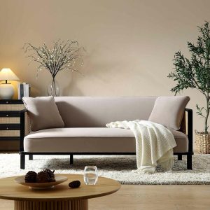 Pienza Solid Wood And Cane Sofa Bed, Taupe Velvet With Black Frame Sofa Beds