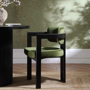 Stanford Curved Black Wood Frame Moss Green Velvet Chair Boucle Dining Chairs