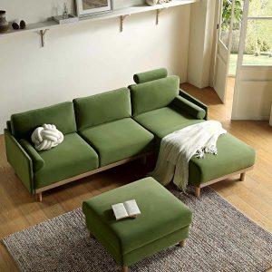 Timber Fern Green Velvet Sofa, Large 3-Seater Chaise Sofa Right Hand Sofas