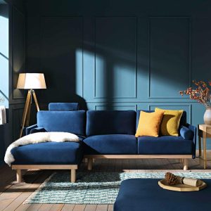 Timber Navy Blue Velvet Sofa, Large 3-Seater Chaise Sofa Left Hand Sofas