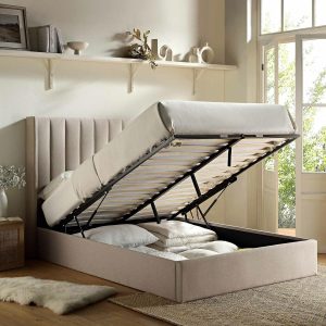 Wilton Warm Stone Fabric Ottoman Storage Bed Bed Frames