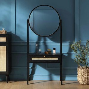 Frances Woven Rattan Standing Vanity Table With Mirror, Black Bedroom