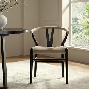 Hansel Wishbone Padded Dining Chair, Taupe Velvet And Black Frame Boucle Dining Chairs