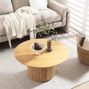 Maru Round Oak Pedestal Coffee Table, Oak Coffee Tables