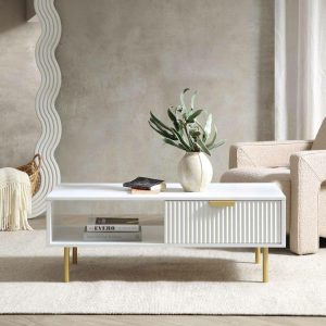 Richmond Ridged Coffee Table With Drawer, Matte White Coffee Tables