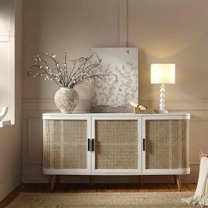 Izzy Curved Rattan Large 3-Door Sideboard, White Cabinets And Sideboards