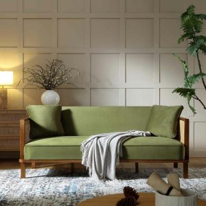 Pienza Solid Wood And Cane Sofa Bed, Moss Green Velvet With Walnut Frame Sofa Beds